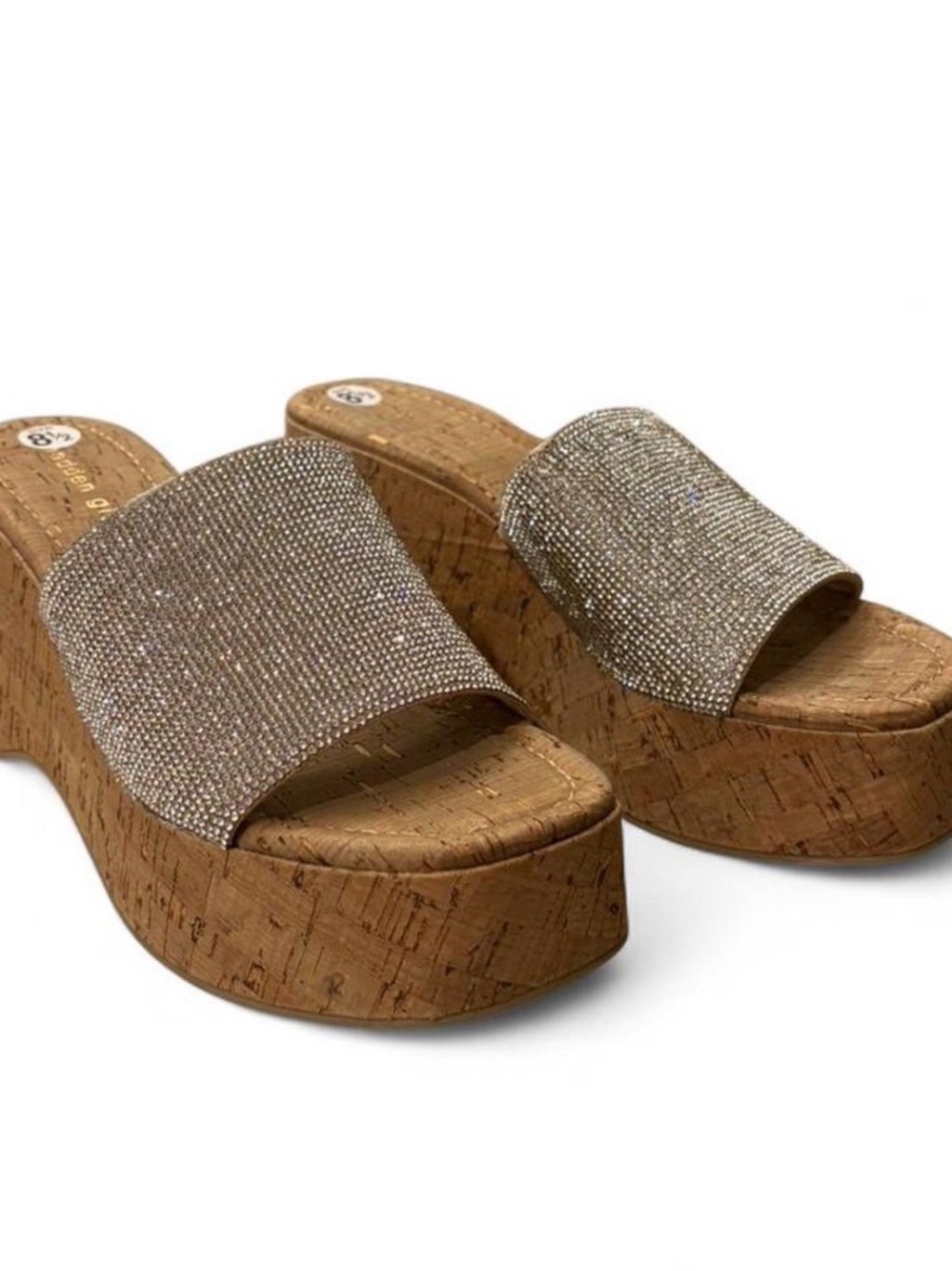 Madden Girl Champagne Rhinestone Cork Platform Slide Sandals